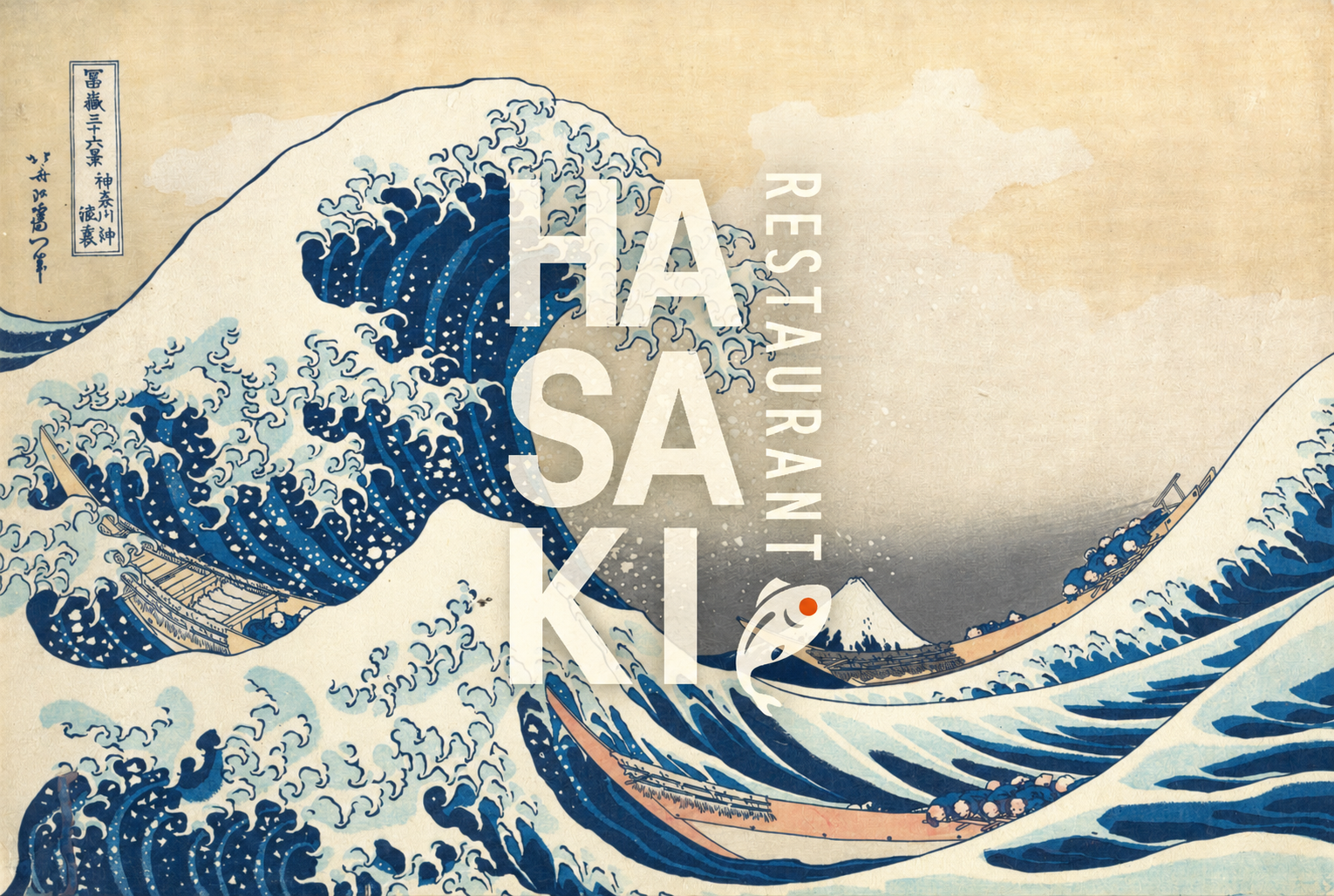 HASAKI Restaurant, logotipo centrado sobre la Gran Ola japonesa